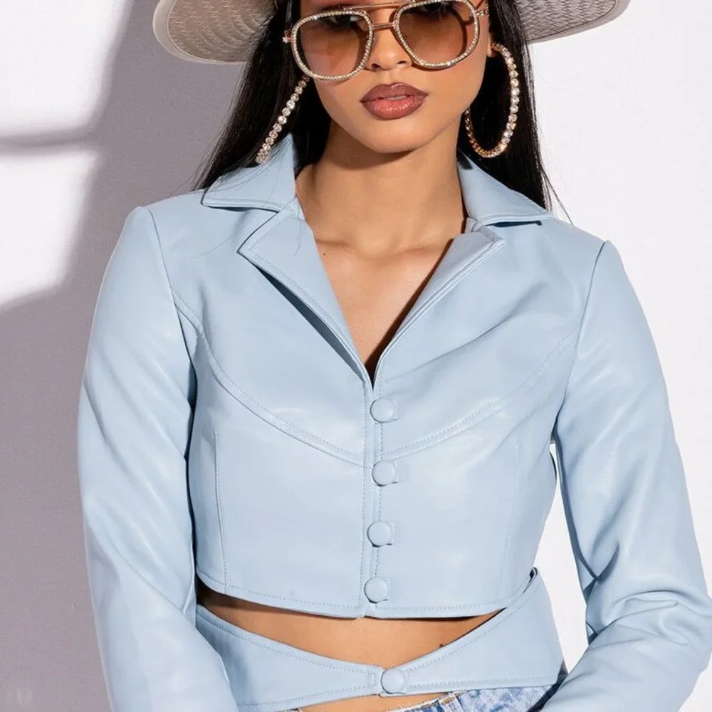 Callie on Clout: Powder Blue Cut Out Button Up Vegan Leather Blazer - Picture 2 of 10